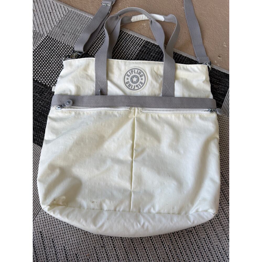 Kipling Pammie Shopper Tote Shoulder Bag Cream Grey Nylon Zip Crossbody Everyday